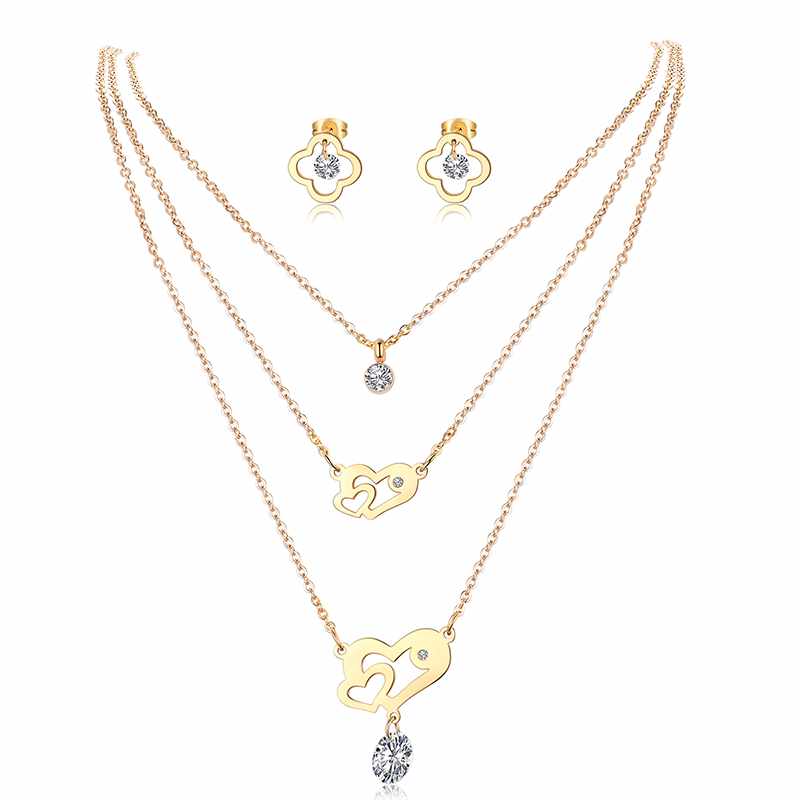 Stainless Steel Heart Three Layers Jewelry Set with Zircon SX2-141