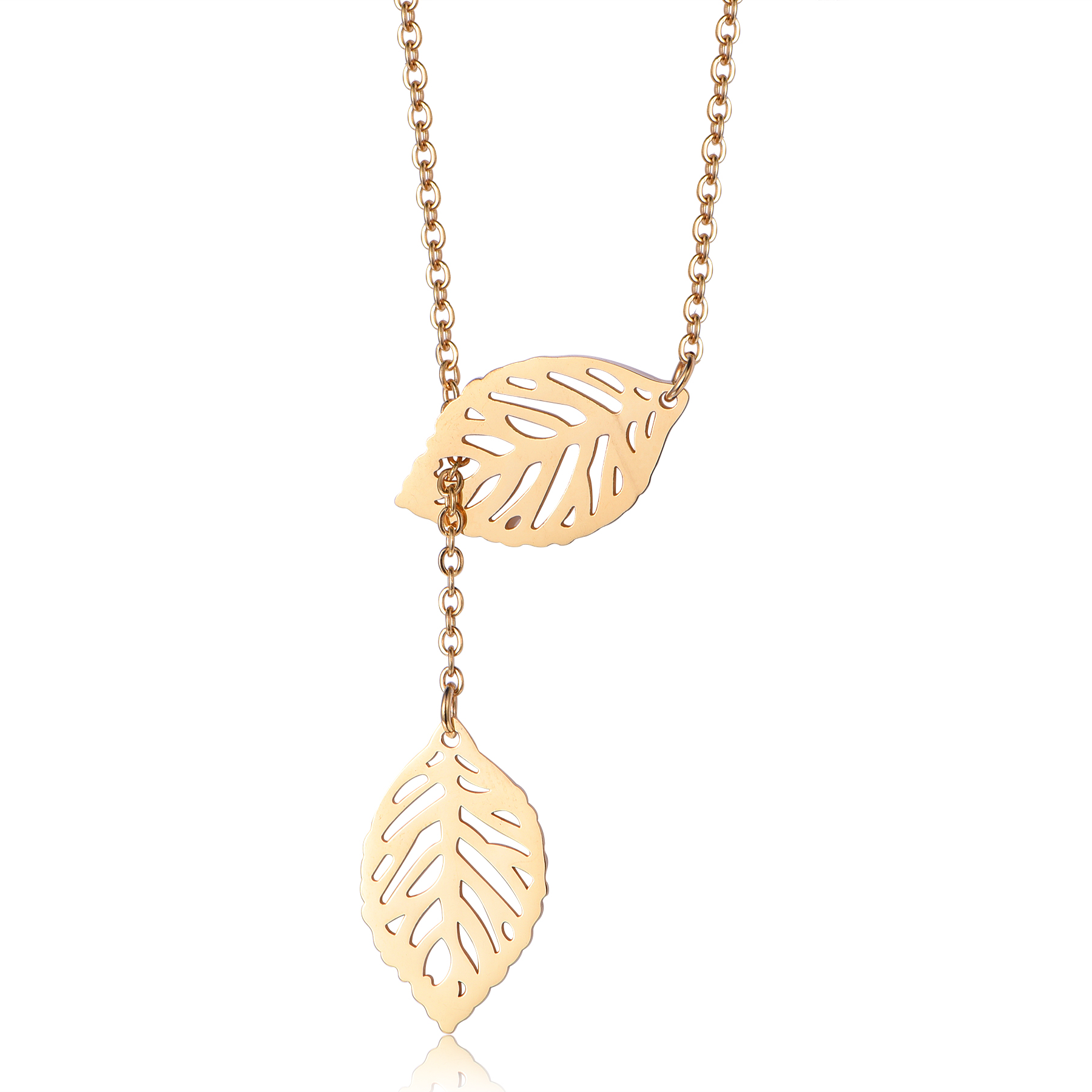 Shining 18K Gold Stainless Steel Hollow Leaf Lariat Necklace Wholesale ND6-10
