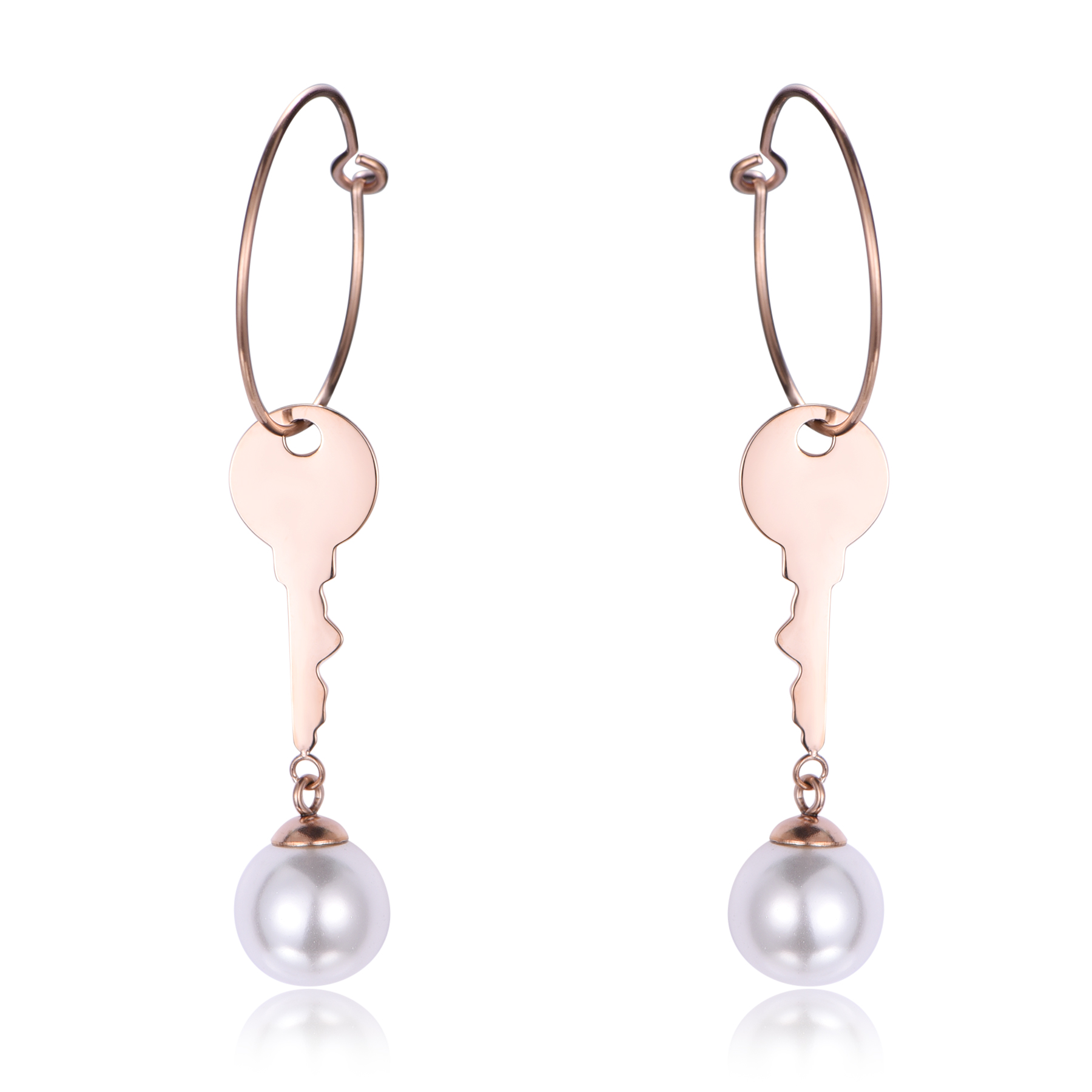 Stainless Steel Rose Gold Key Pearl Hanging Earrings ER7-21