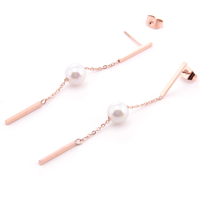 Minimalist Stainless Steel Stick Pearl Drop Long Earrings S4286