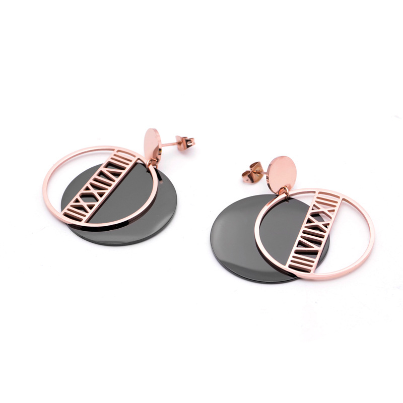 Fashion Layered Stainless Steel Roman Numeral Disc Round Earrings S4155