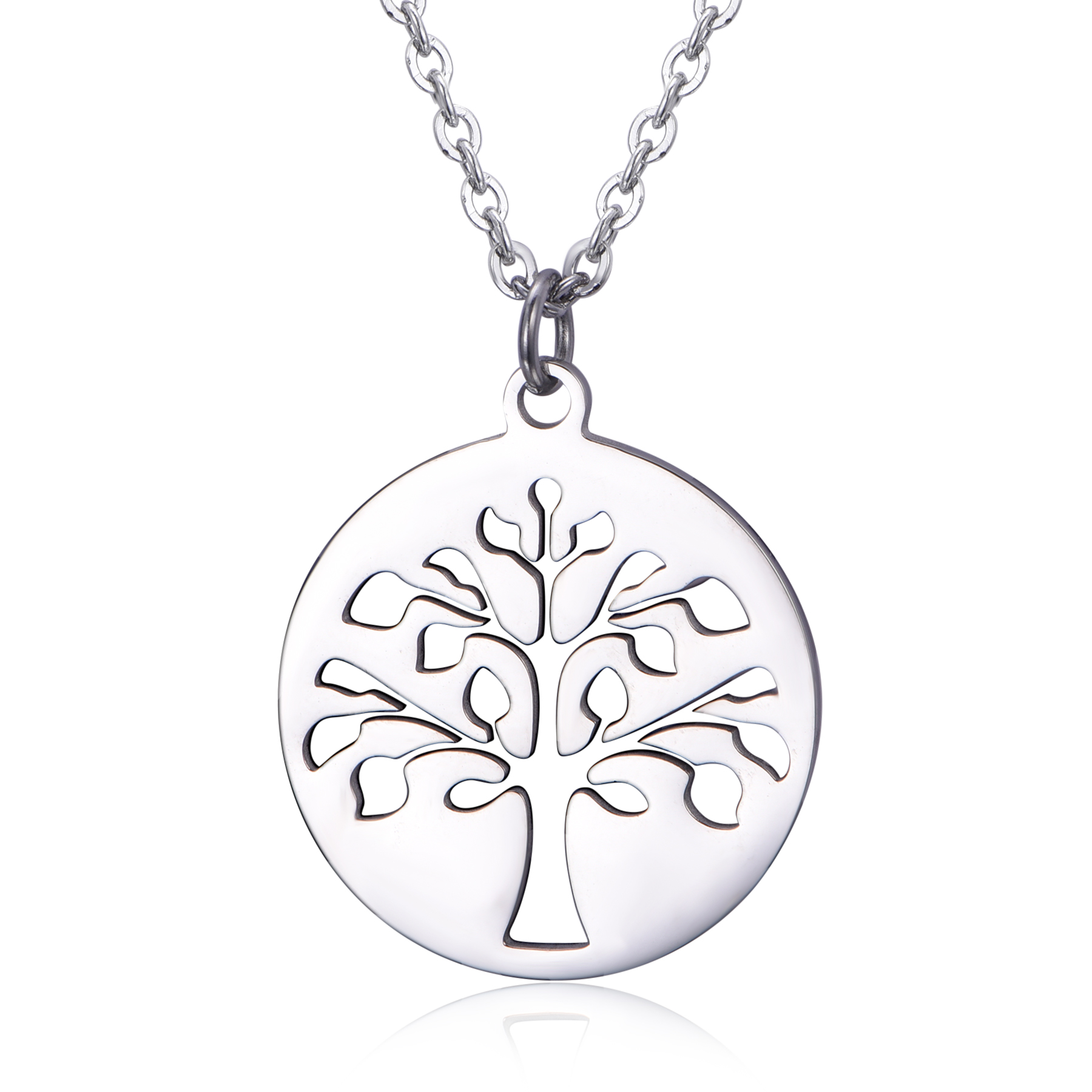 Tree Of life Hollow Stainless Steel Silver Plated Round Pendant Neckalce NL7-12