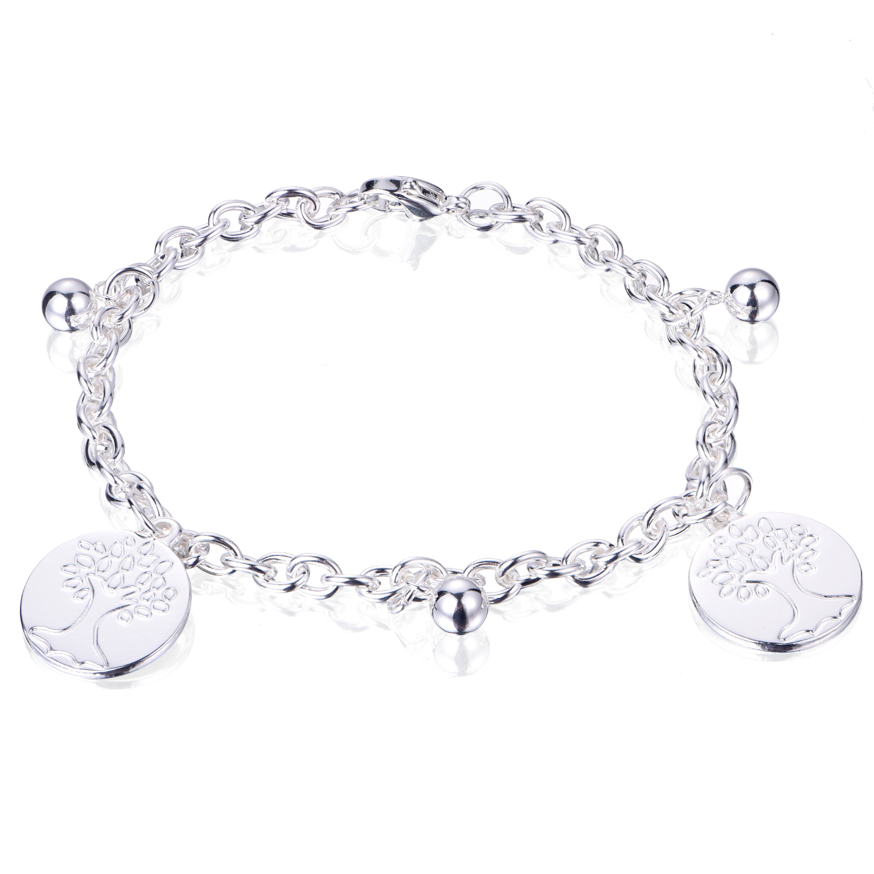 Silver Plated Stainless Steel Tree Of Life Coin Charms Bracelet With Ball BL7-24