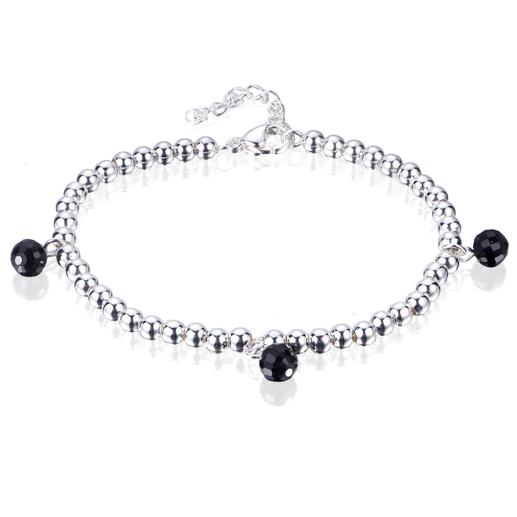 Silver Plated Stainless Steel Black Crystal Beaded Bracelet For Women BL7-32