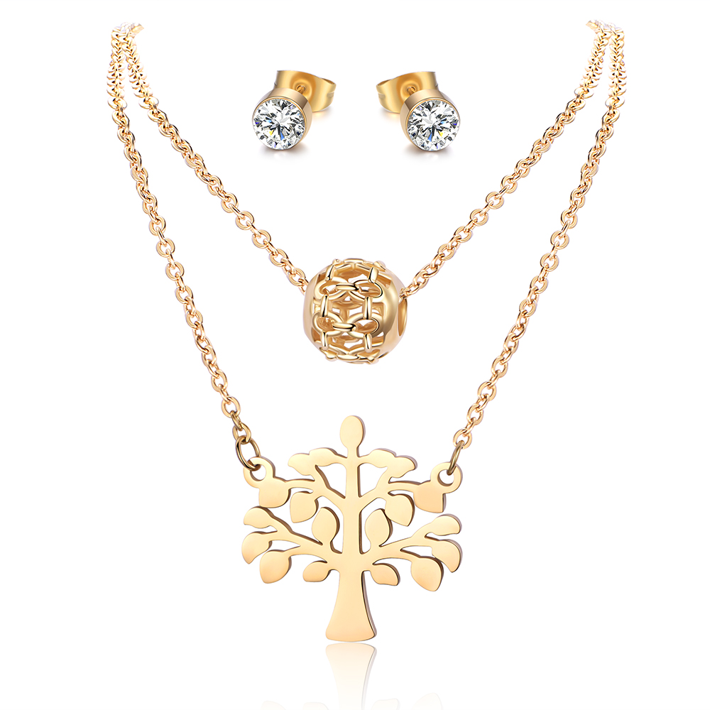 18K Gold Tree Of Life Stainless Steel Layered Necklace Jewelry Set SX2-122