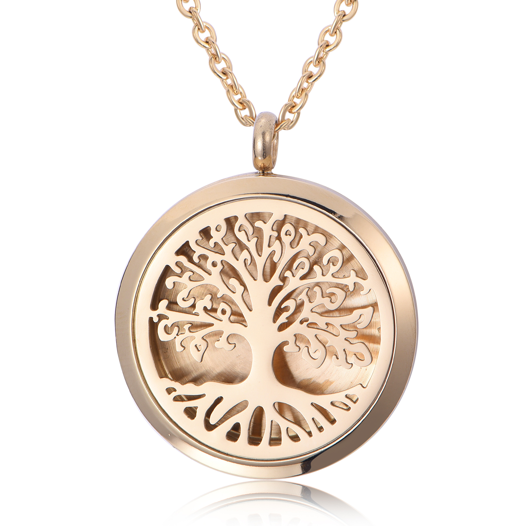 18K Gold Stainless Steel Tree Of Life Locket Aroma Perfume Diffuse Pendant Necklace NH9-03