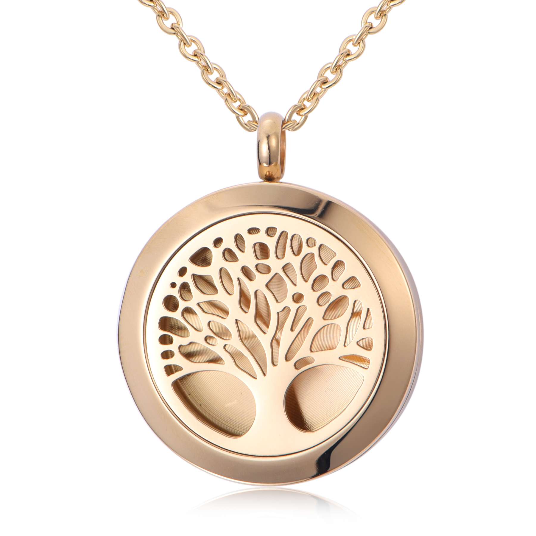 18K Gold Stainless Steel Tree Of Life Locket Essential Oil Diffuse Pendant Necklace NH9-07