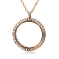 18K Gold Stainless Steel Round Glass Locket Pendant Necklace With Zircon NH9-08