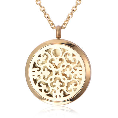 18K Gold Stainless Steel Personalized Round Locket Perfume Diffuse Pendant Necklace NH9-14