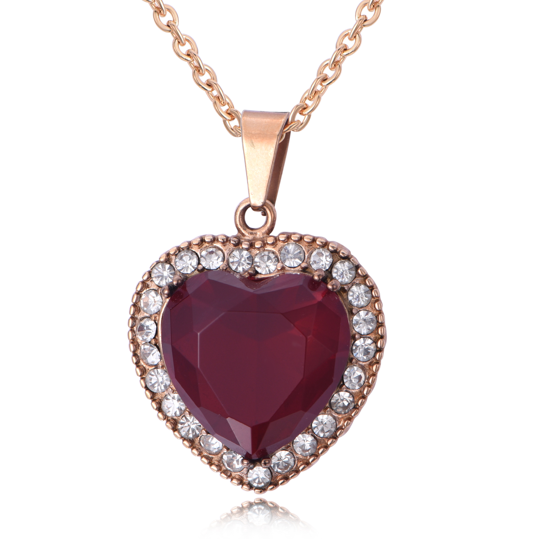 Classic Stainless Steel Heart Shape Ruby Stone Pendant Necklace NH9-16