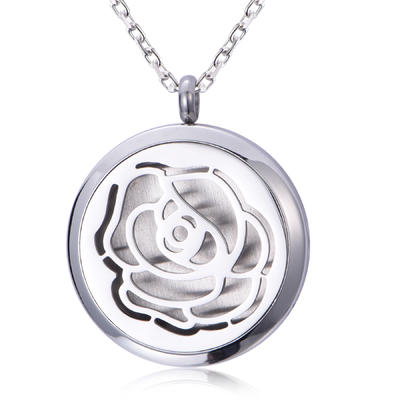 Rose Flower Stainless Steel Round Locket Perfume Diffuse Pendant Necklace NS10-09