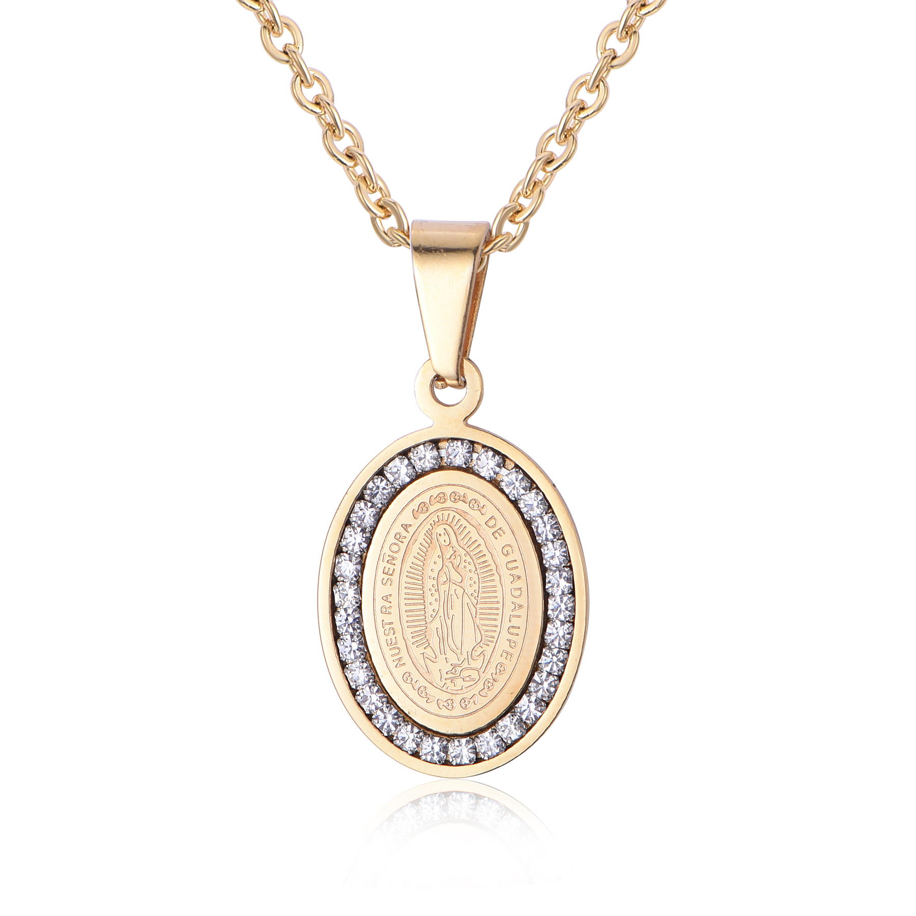 18K Gold Classic Stainless Steel Oval Shape Guadalupe Pendant Necklace With Zircon PL4-01