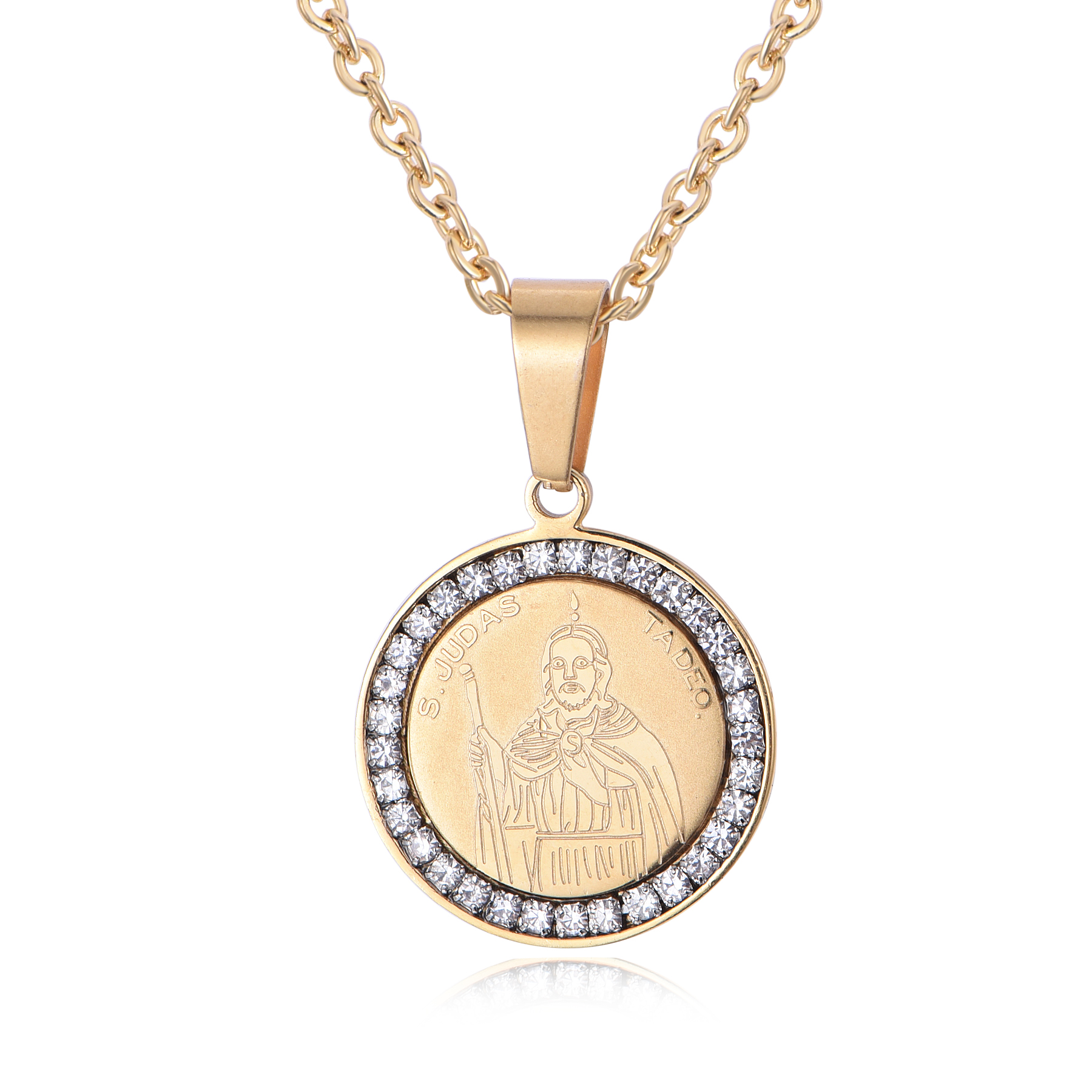18K Gold Stainless Steel S. JUDAS TADEO Coin Cubic Zircon Pendant Necklace PL4-04