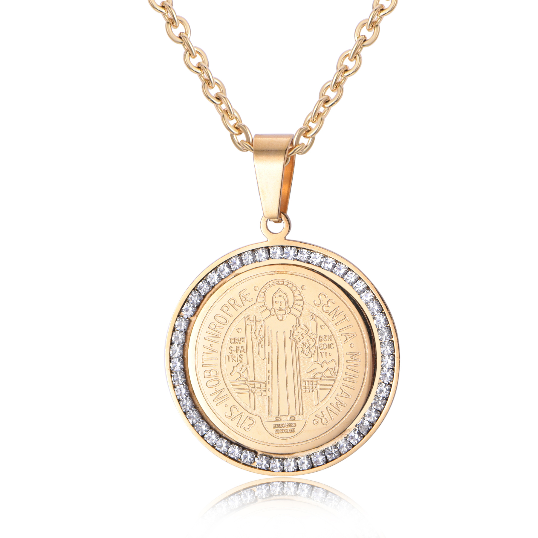 Fashion 18K Gold Stainless Steel Engraved San Benito Coin Pendant Necklace PL4-05