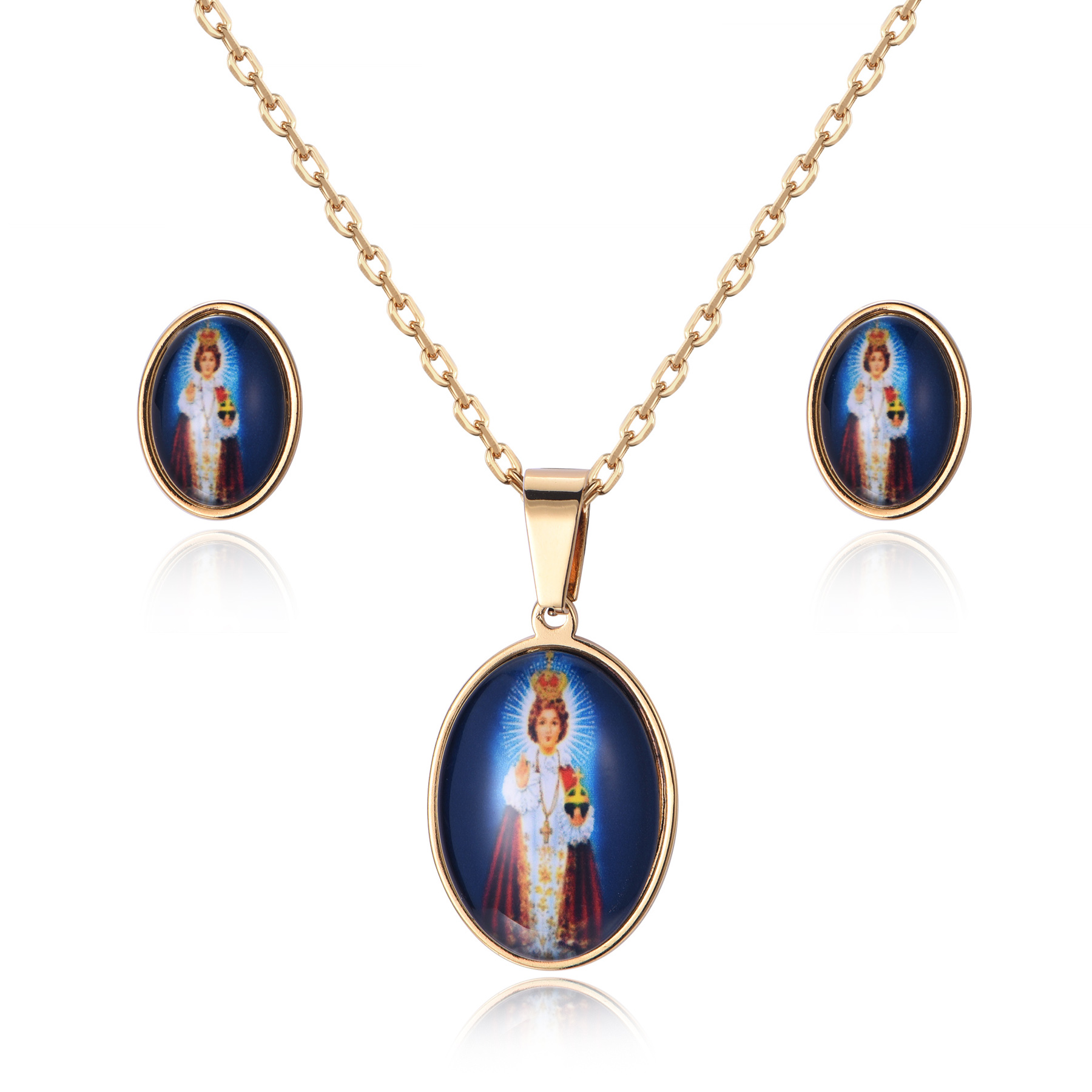 18K Gold Stainless Steel Epoxy Pictures Goddess Design Necklace Set Jewelry SJ-01
