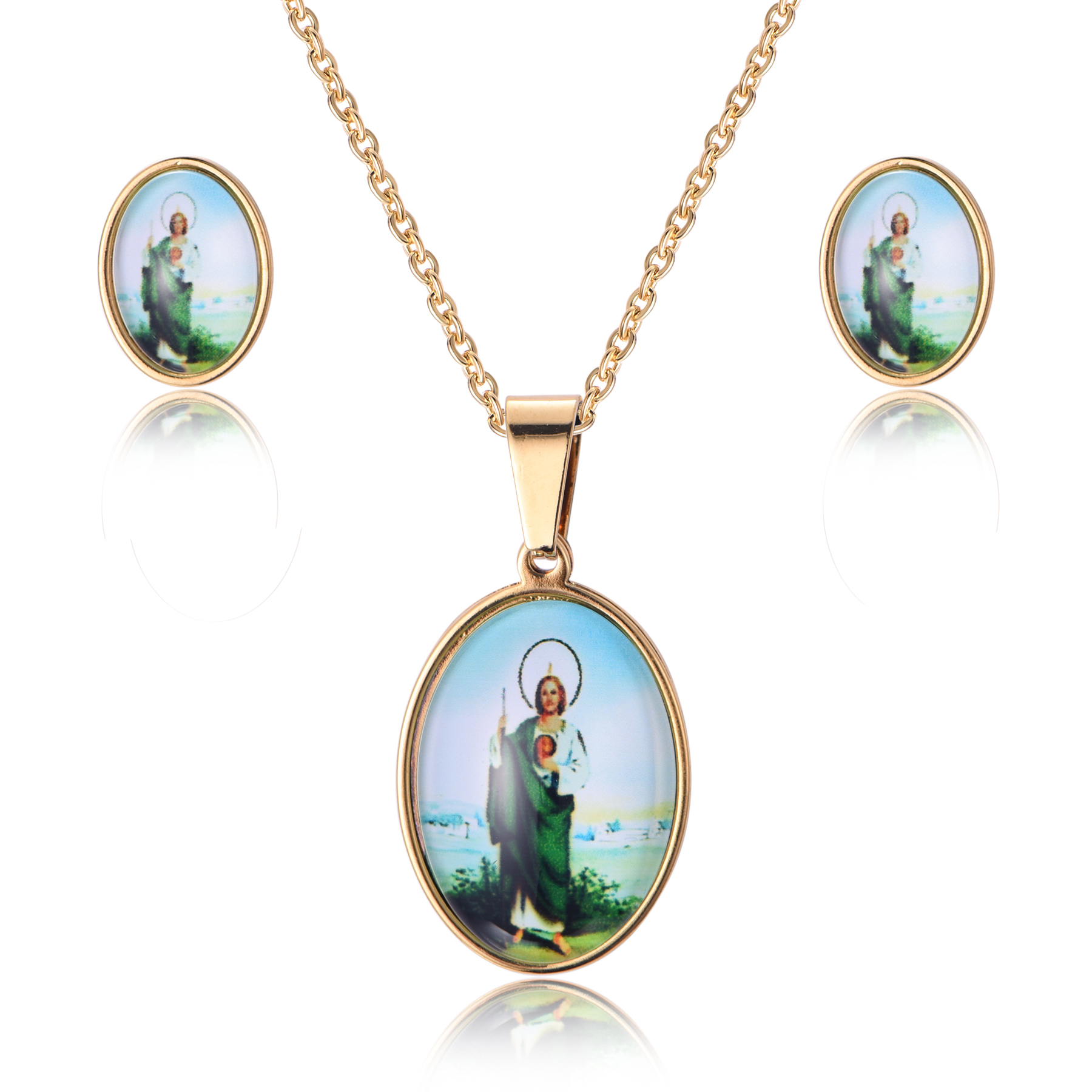 18K Gold Stainless Steel Jesus Christ Religious Pendant Necklace Epoxy Pictures Jewelry Set SJ-03