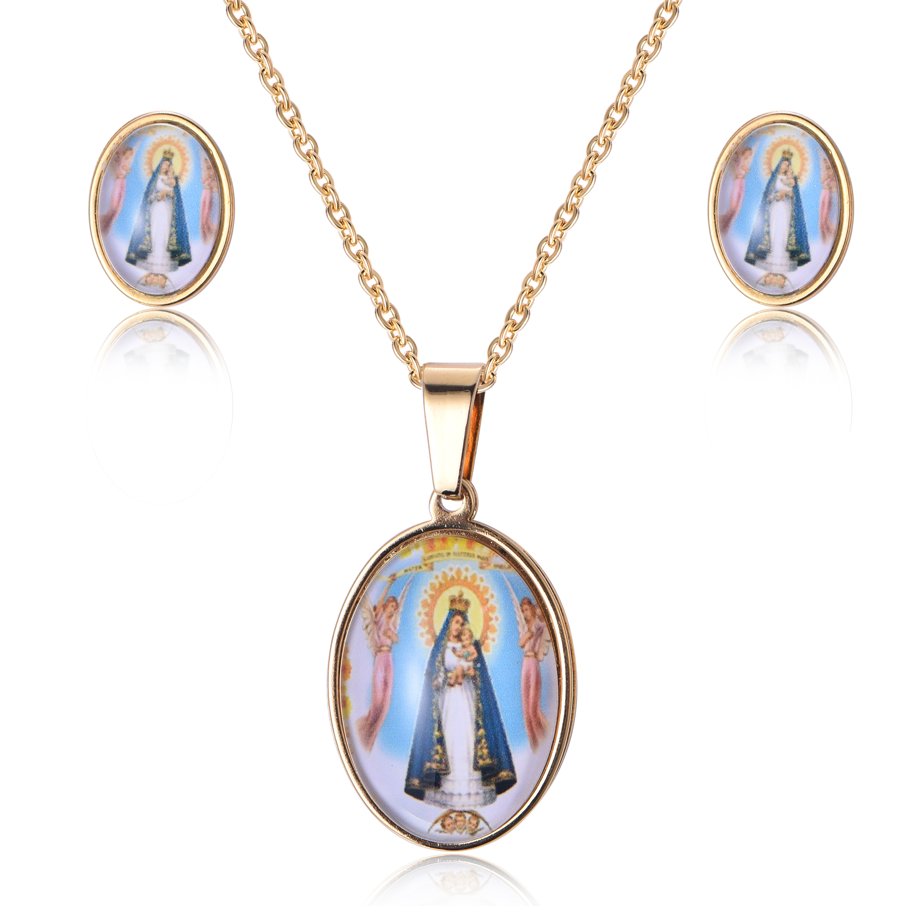 18K Gold Plated Stainless Steel Virgin Mary Epoxy Photo Necklace Jewelry Set Wholesale SJ-05