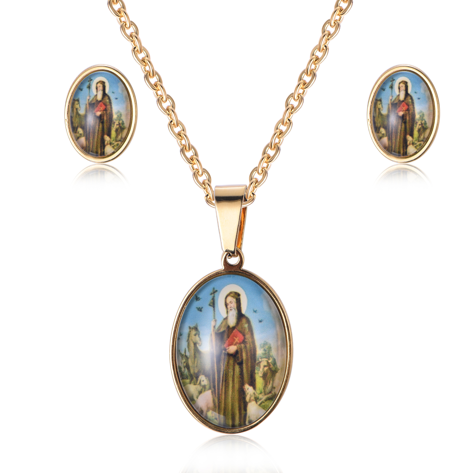 18K Gold Stainless Steel  Epoxy Pictures Religious Godfather Necklace Jewelry Set SJ-07