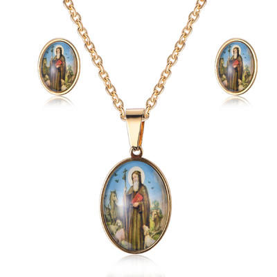18K Gold Stainless Steel  Epoxy Pictures Religious Godfather Necklace Jewelry Set SJ-07