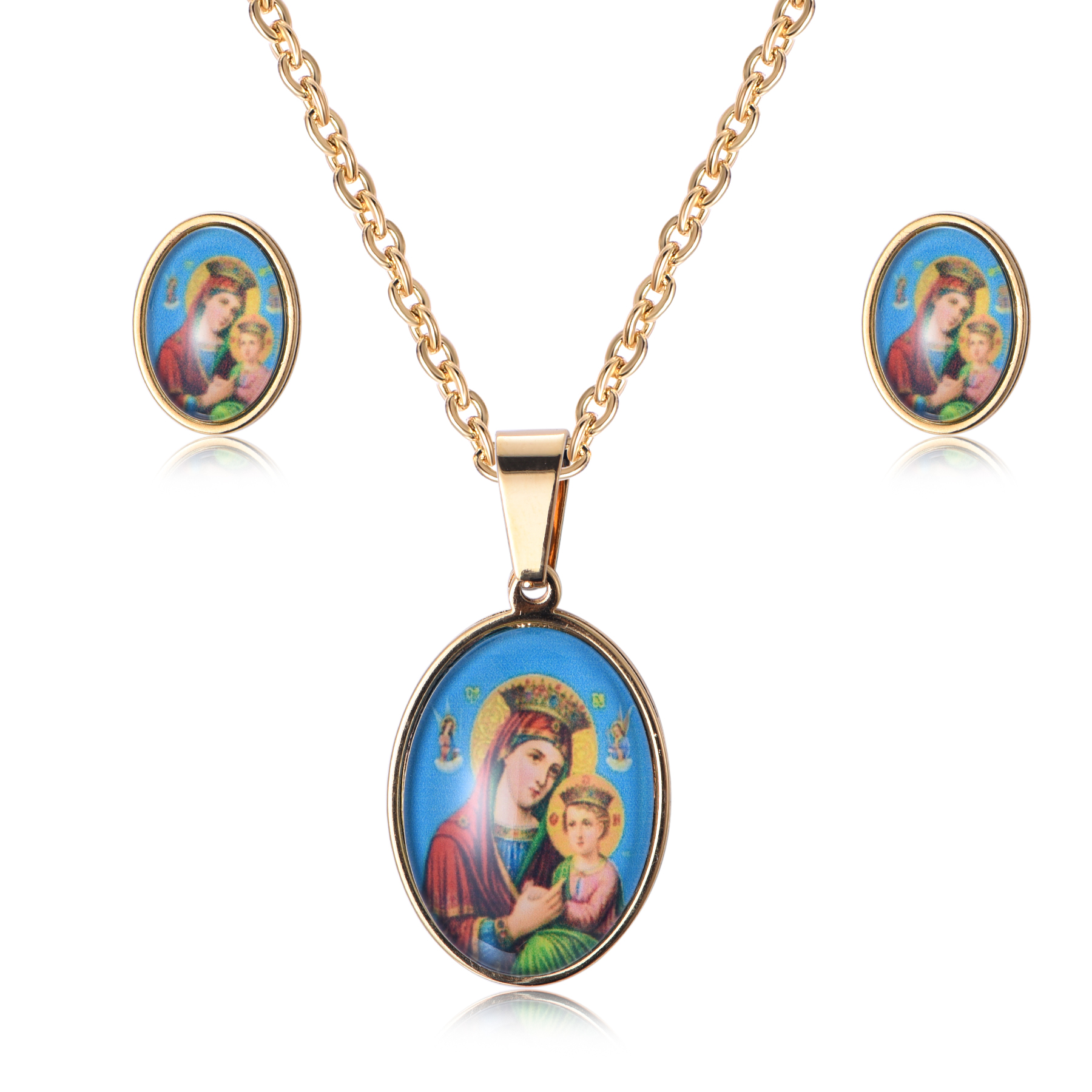18K Gold Religious Stainless Steel Virgin Mary Jewelry Set With Epoxy Pictures SJ-08