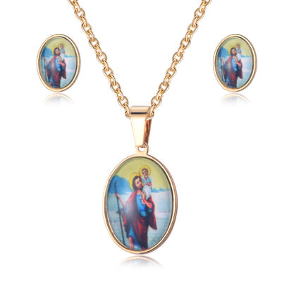Religious Stainless Steel 18K Gold Plated Oval Epoxy Photo Jewelry Set For Decoration SJ-09