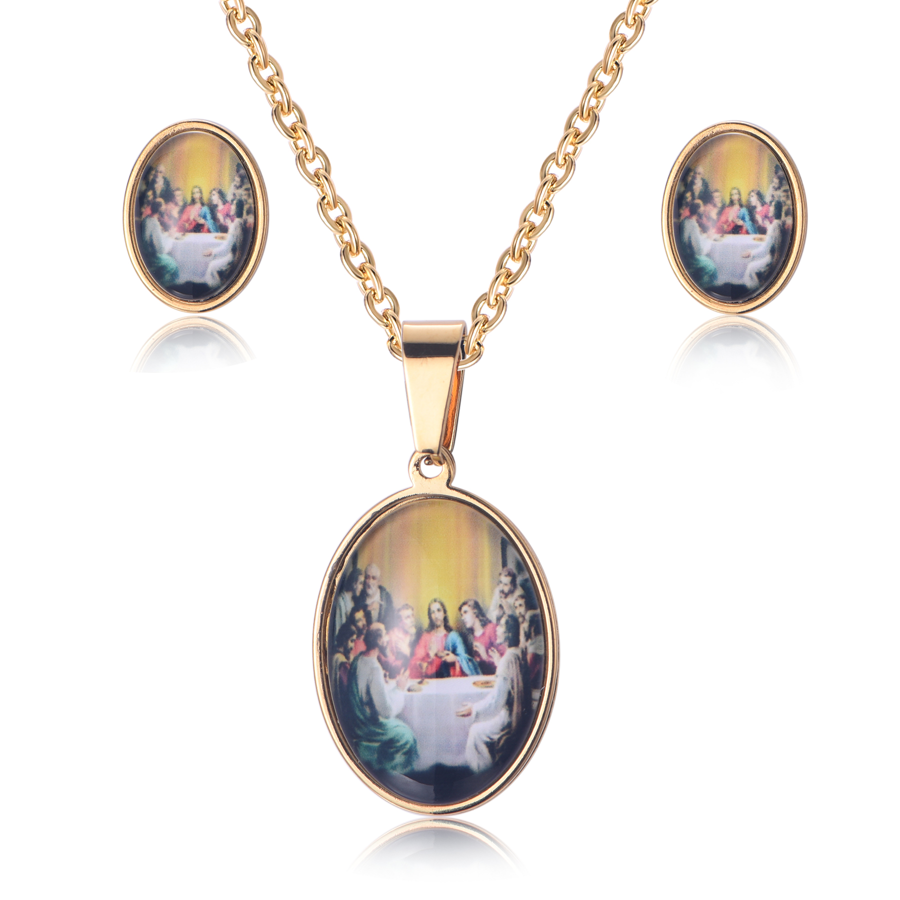 Oval Shape Stainless Steel 18K Gold Plated Epoxy Photo The Last Supper Jewelry Set SJ-10