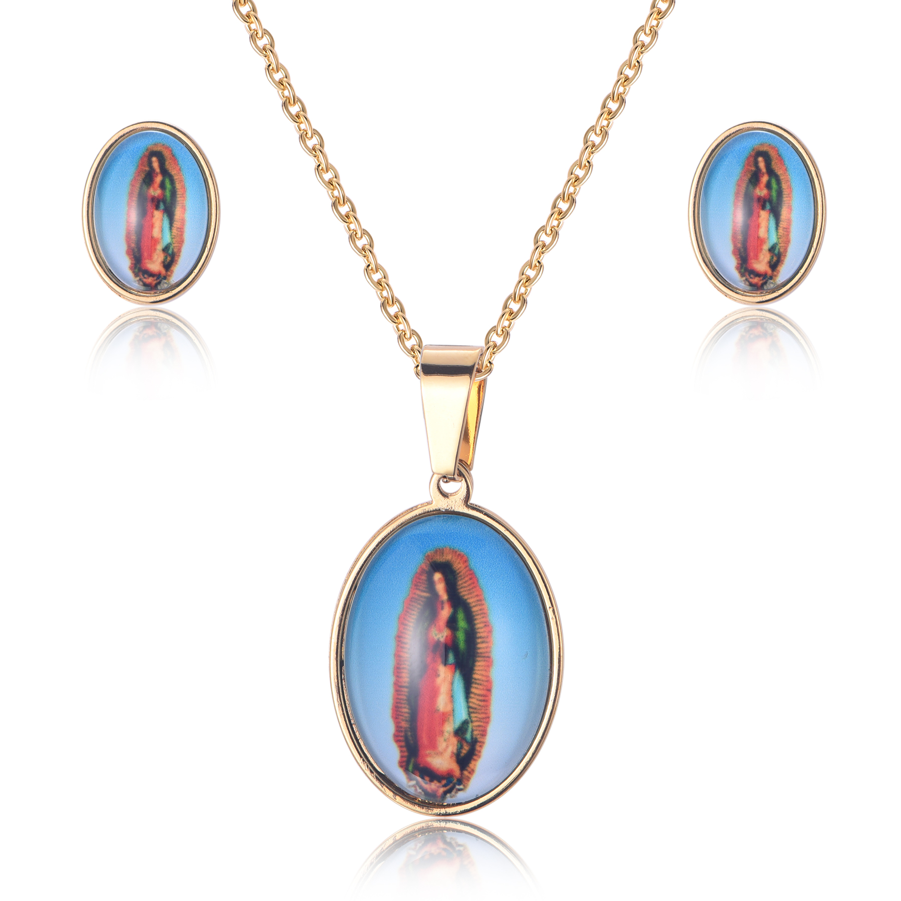 18K Gold Plated Stainless Steel Virgin Mary Religious Jewelry Set With Epoxy Photo SJ-12