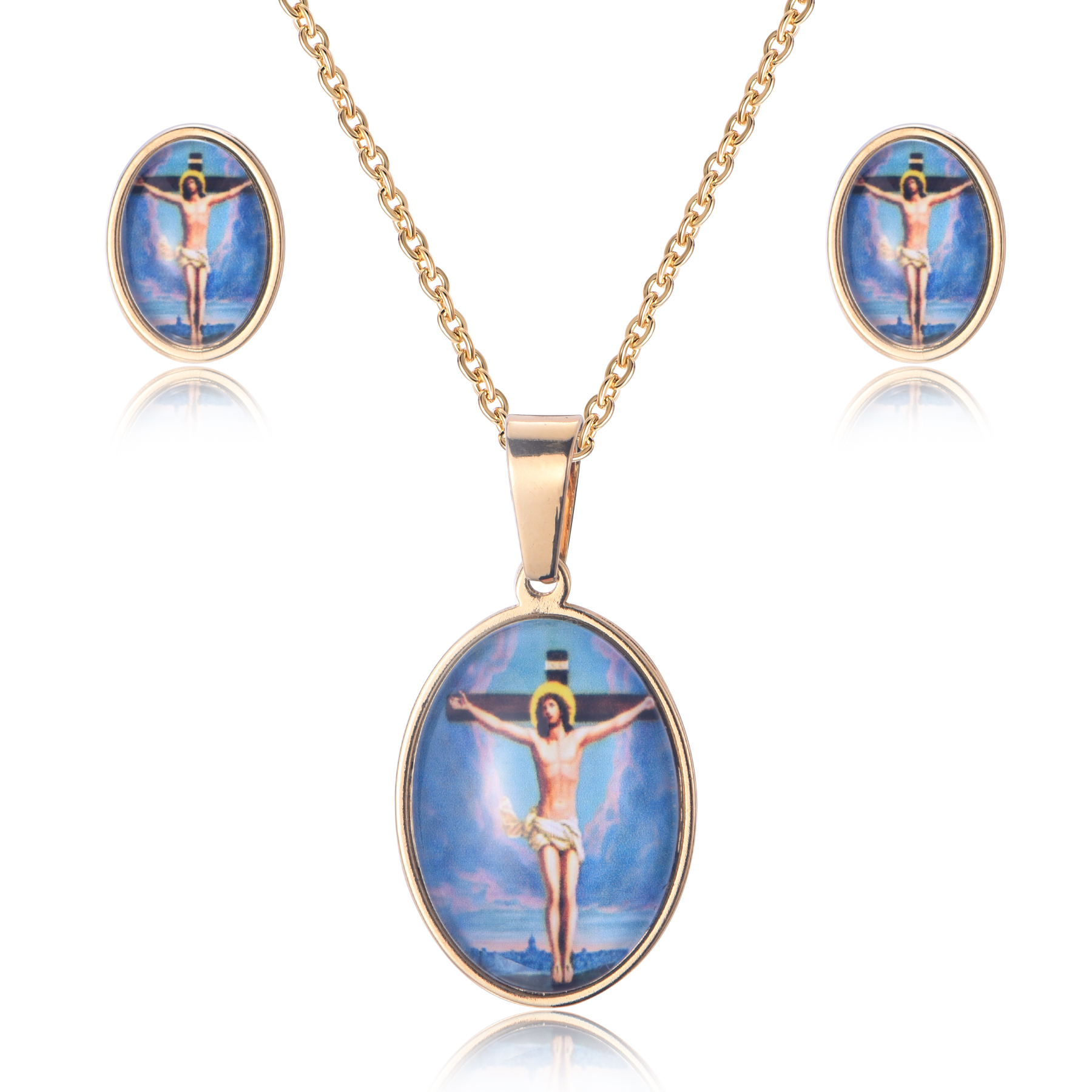 18K Gold Plated Christian Stainless Steel Jesus Christ Jewelry Set With Epoxy Photo SJ-13