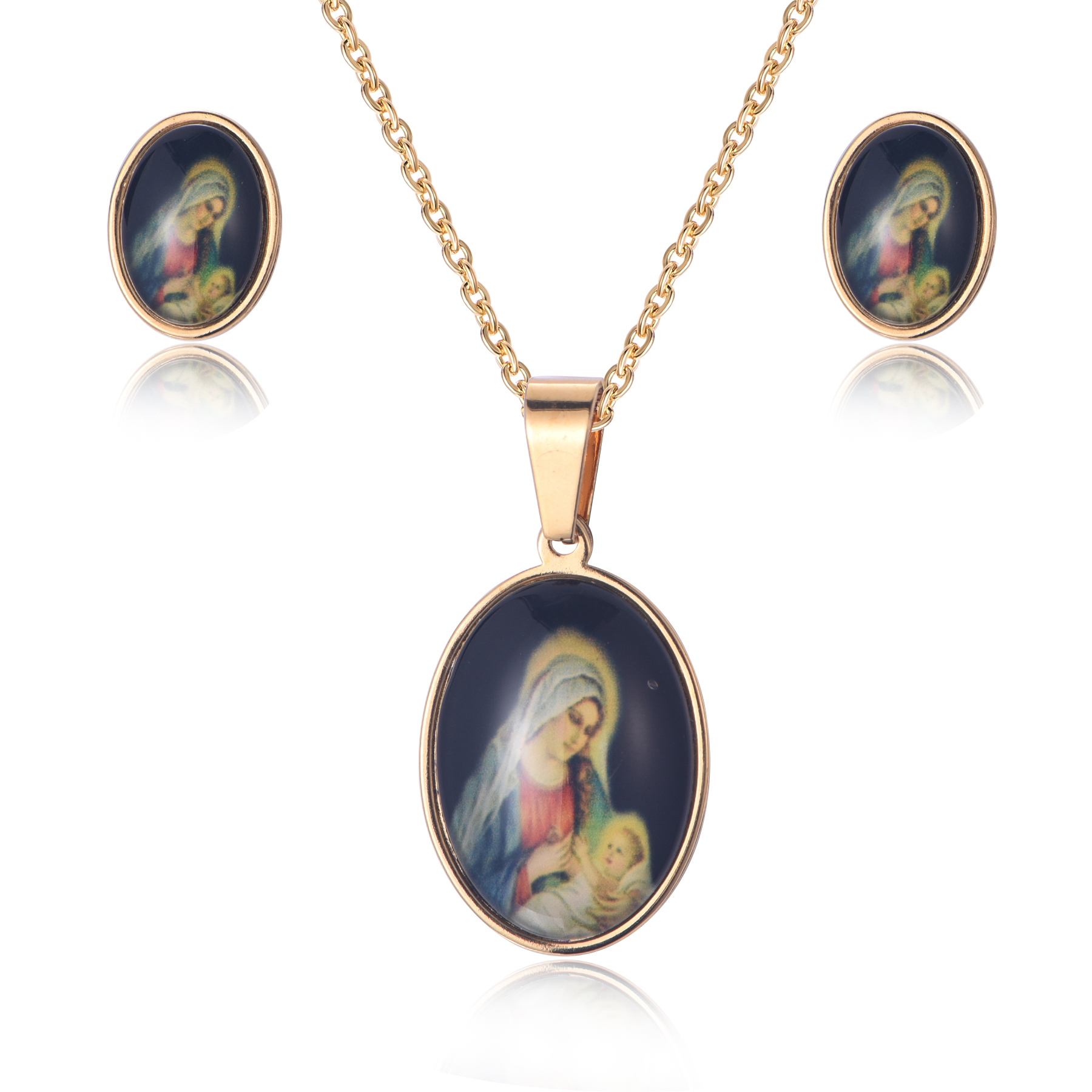 18K Gold Plated Stainless Steel Virgin Mary Epoxy Photo Religious Necklace Jewelry Set SJ-14