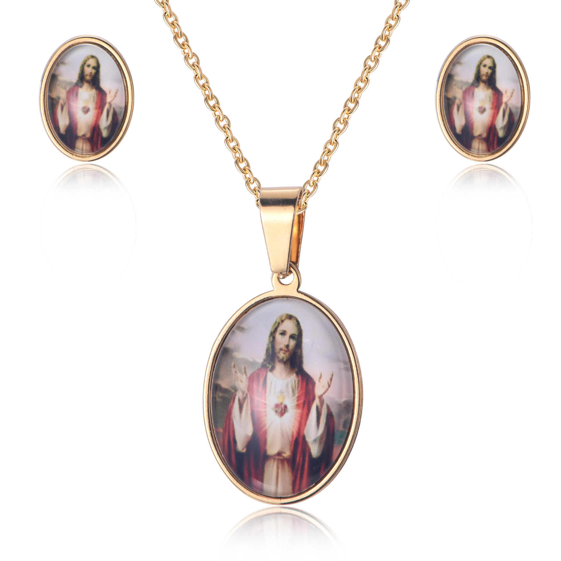 Christian Religious Stainless Steel Epoxy Photo Jesus Christ Necklace Jewelry Set SJ-19