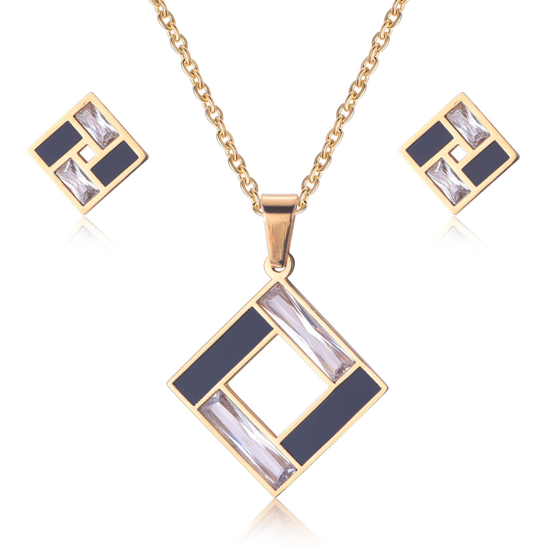 18K Gold Plated Classic Stainless Steel Rhombus Shape Zircon Necklace Jewelry Set SJ-20