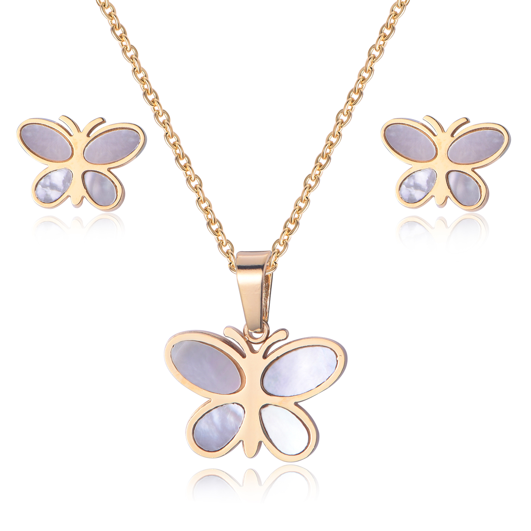 18K Gold Plated Natural Shell Stainless Steel Butterfly Necklace Jewelry Set SJ-21