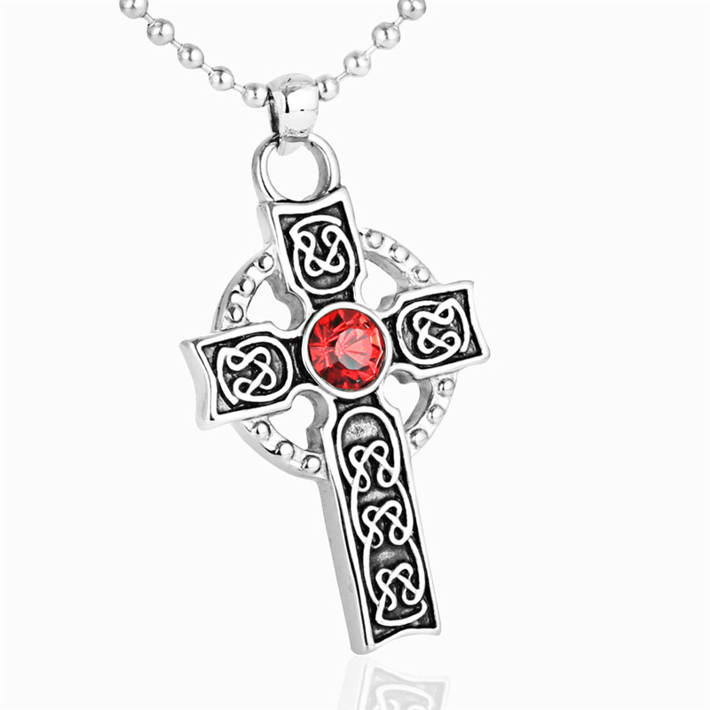 Punk Stainless Steel Cross Necklace Pendant With Red Zircon 213903