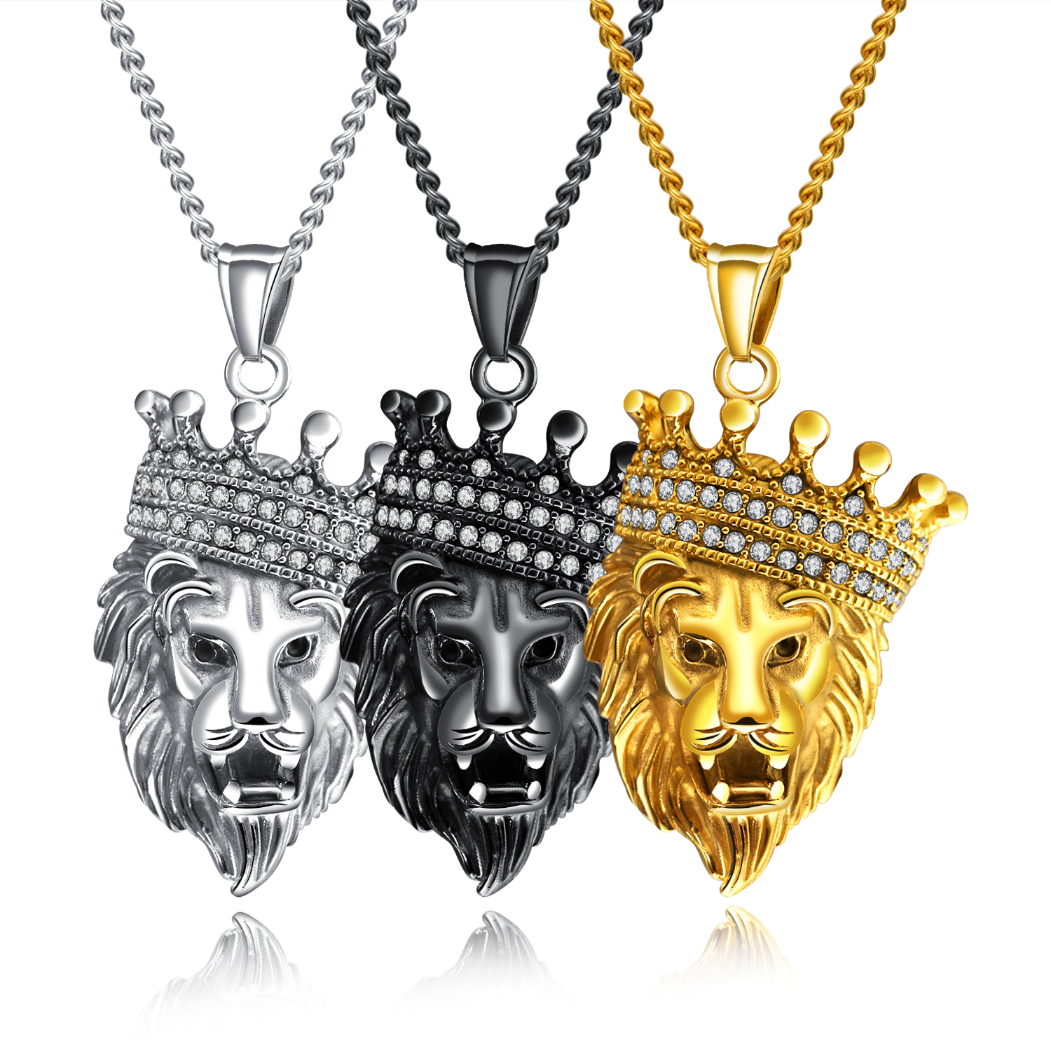 Unique Stainless Steel Crown Lion Head Necklace GX1379B