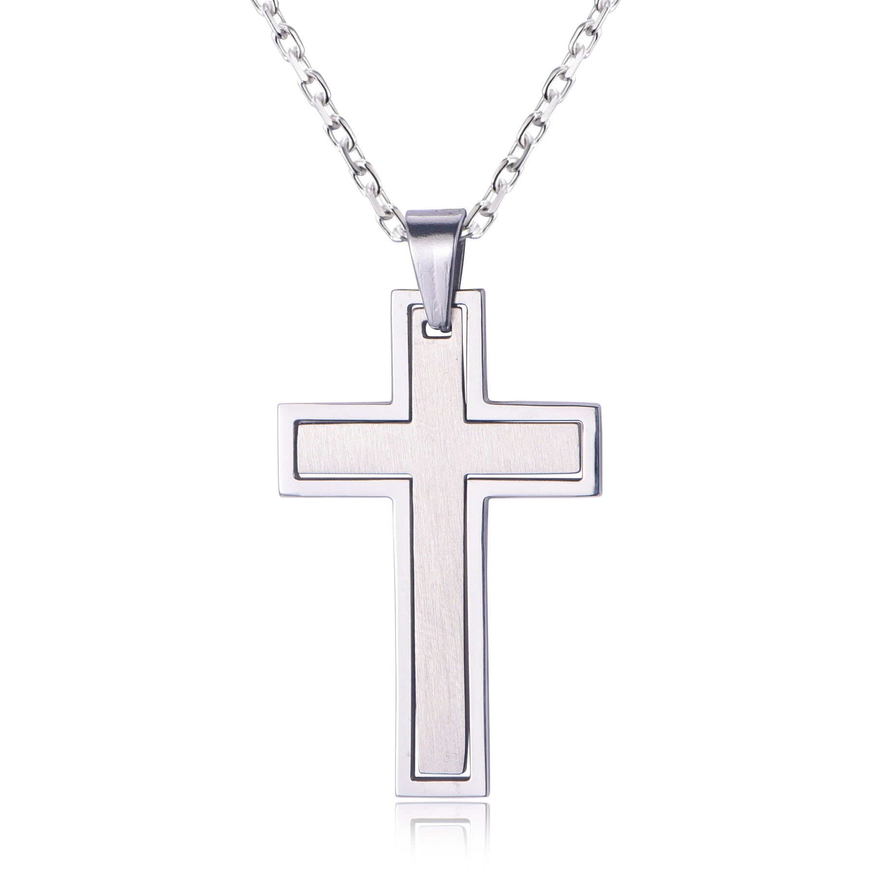 Stainless Steel Classic Satin Cross Charm Pendant Necklace NJ-14
