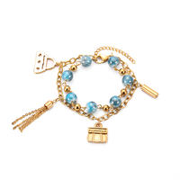 Stainless Steel Blue Beads Tassel Charm Bracelet  BJ1-12