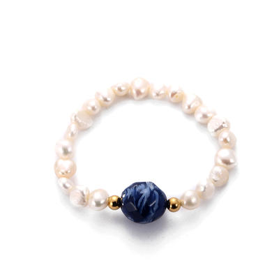 Aegean Blue Stone Elastic Natural Pearl Stainless Steel Bracelet BJ1-32