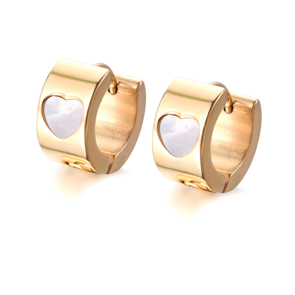 18K Gold Heart Natural Shell Stainless Steel Huggie Earrings